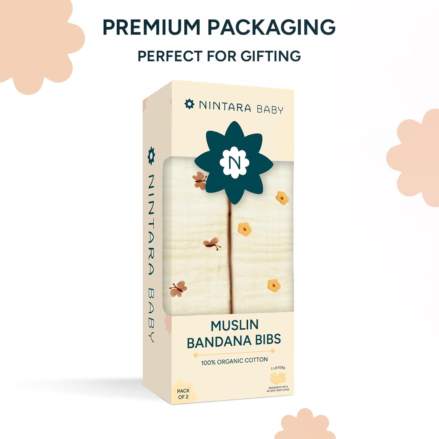 Nintara Baby Muslin Bandana Bibs packaging with premium packaging text. Nintara Baby Bandana Bibs  Set of 2 Golden Flutter Pack go littles product image 6