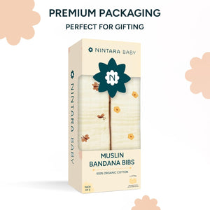 Nintara Baby Muslin Bandana Bibs packaging with premium packaging text. Nintara Baby Bandana Bibs  Set of 2 Golden Flutter Pack go littles product image 6