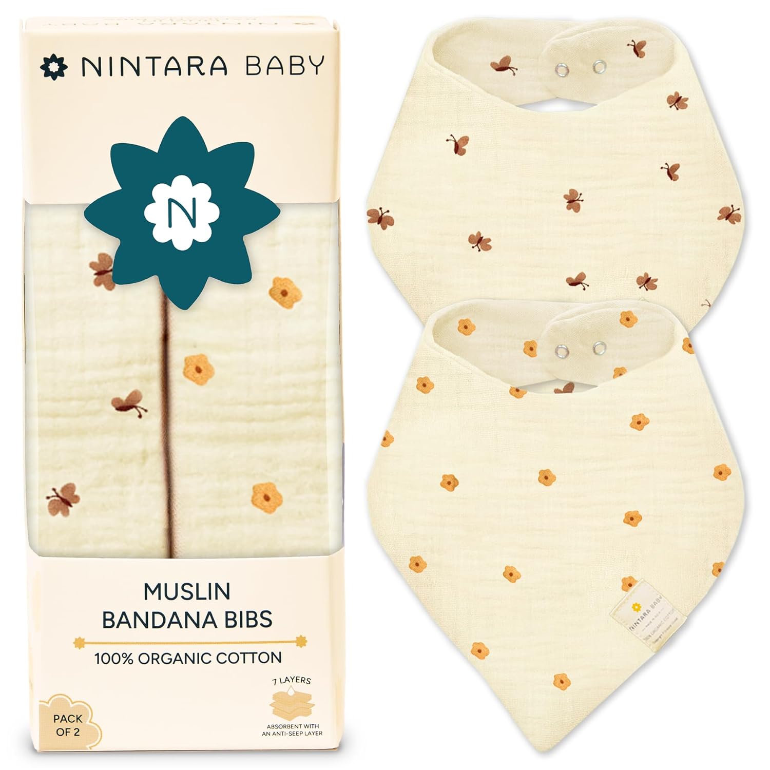 Nintara Baby muslin bandana bibs with packaging on a white background. Nintara Baby Bandana Bibs  Set of 2 Golden Flutter Pack go littles product main image