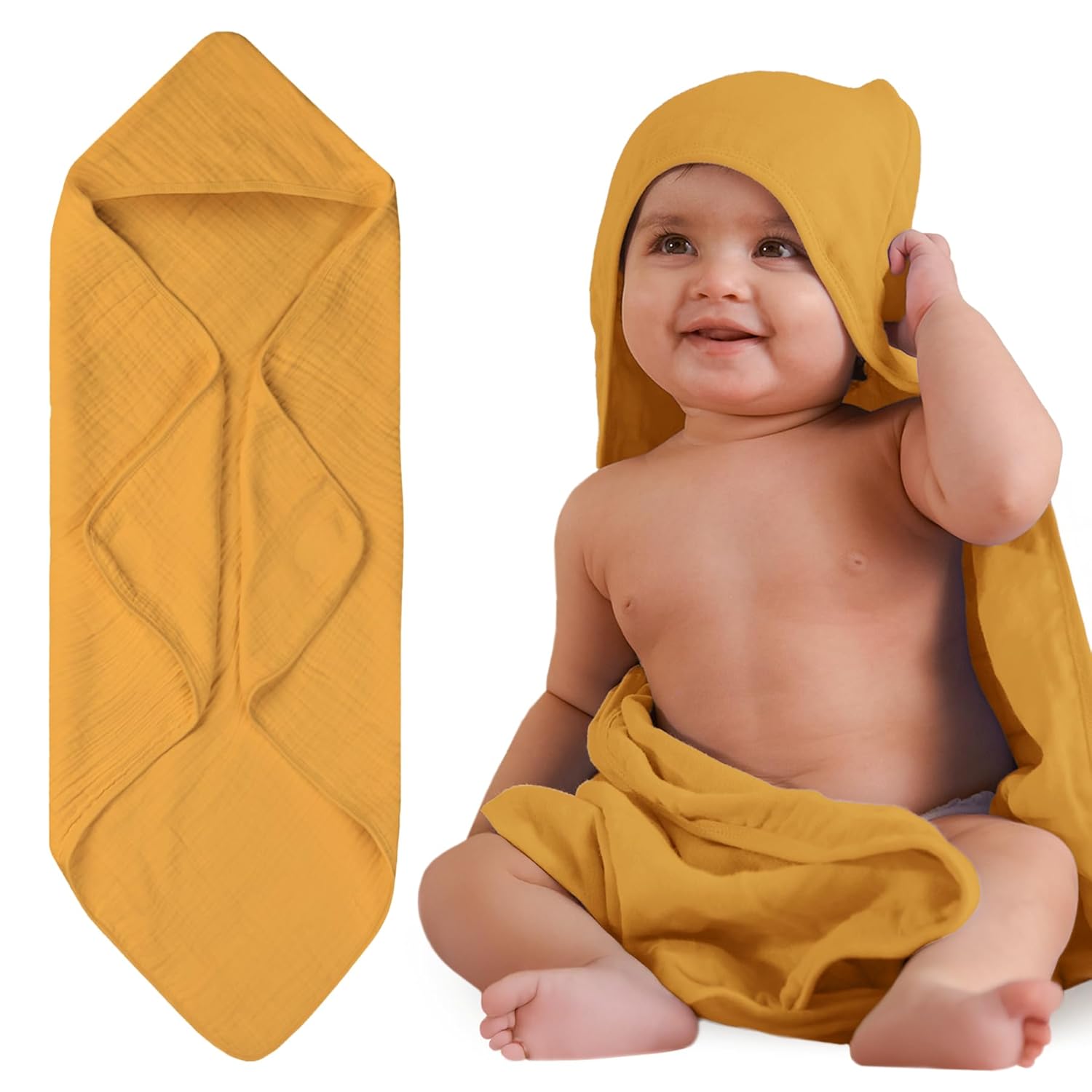 Nintara Baby Muslin Hooded Towel 38" X 38" Butterscotch at Go Littles product main image