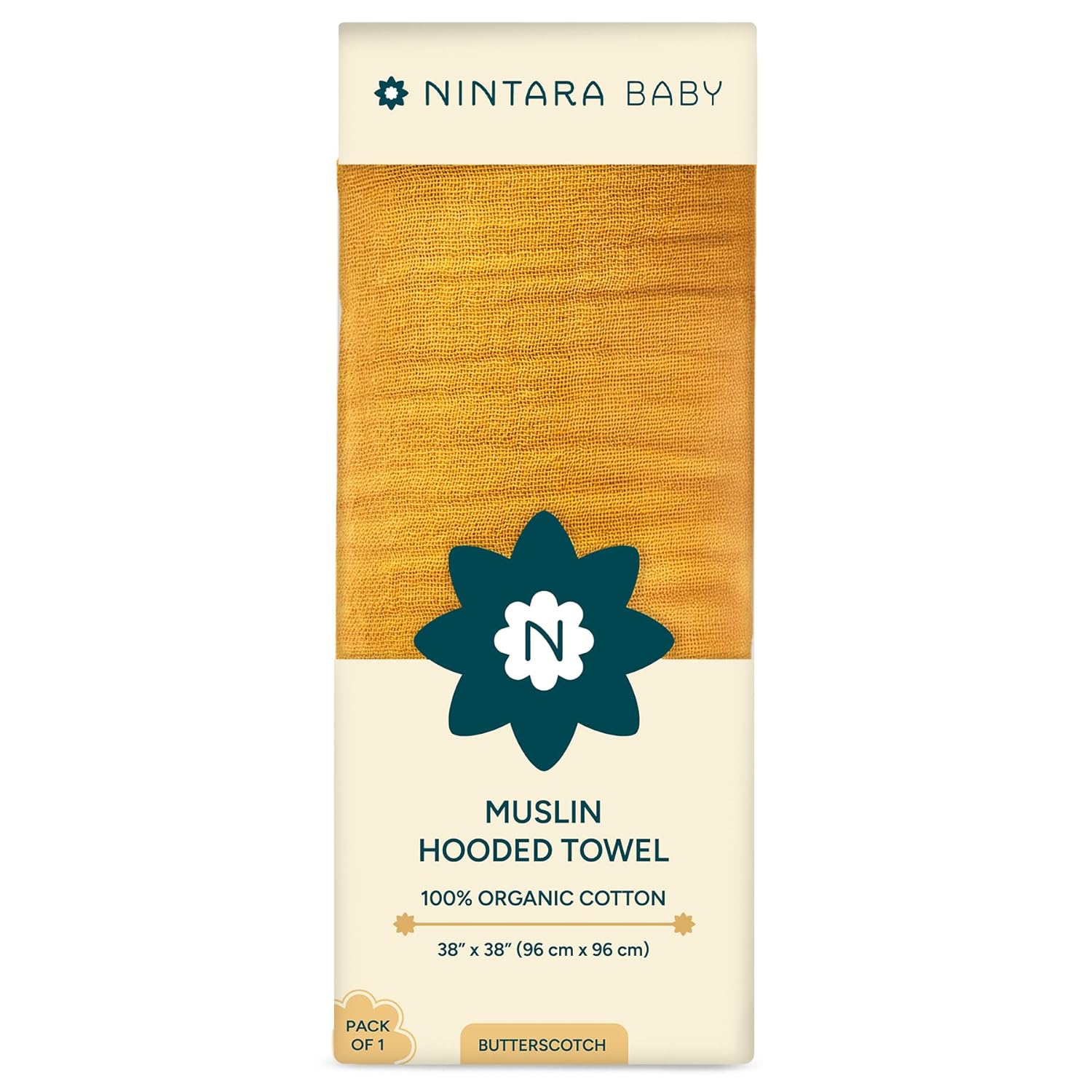 Nintara Baby Muslin Hooded Towel 38" X 38" Butterscotch at Go Littles product main image 3