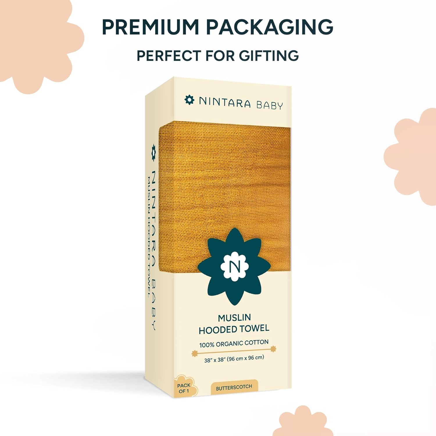 Nintara Baby Muslin Hooded Towel 38" X 38" Butterscotch at Go Littles product main image 7