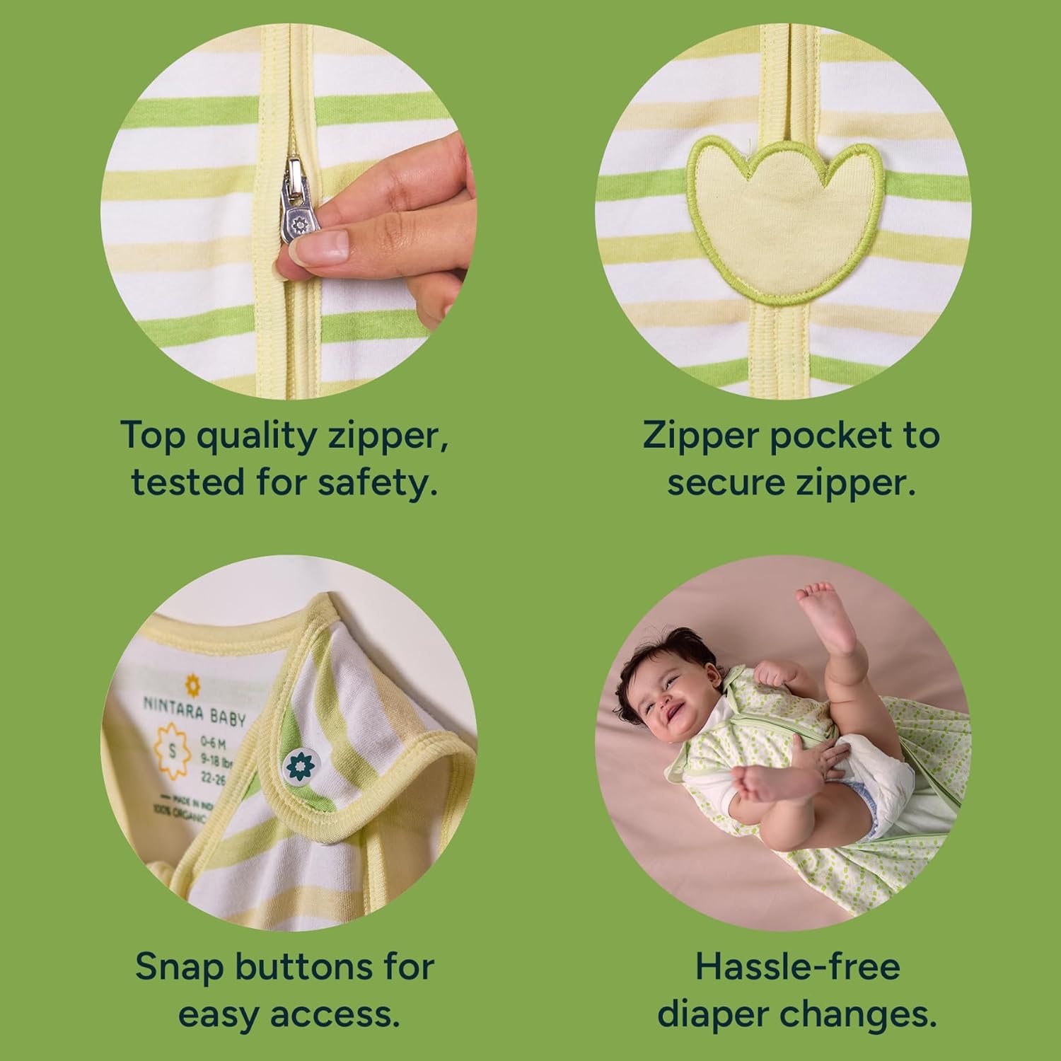 Baby clothing with features highlighted on a green background. Nintara  Baby Sleep Sack 0.5 TOG Forest Flutter XL Size Go Littles product Image 3