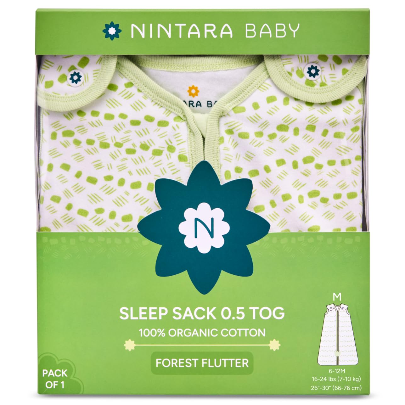 Nintara Baby sleep sack packaging with green and white design. Nintara  Baby Sleep Sack 0.5 TOG Forest Flutter XL Size Go Littles product Image 7