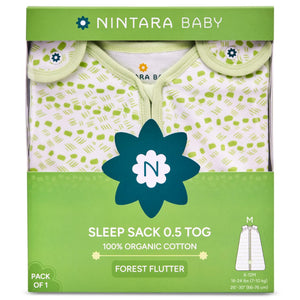 Nintara Baby sleep sack packaging with green and white design. Nintara  Baby Sleep Sack 0.5 TOG Forest Flutter XL Size Go Littles product Image 7