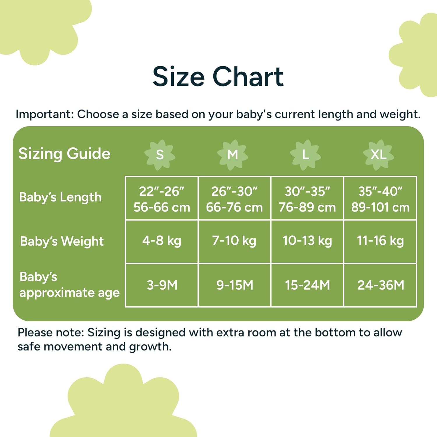 Size chart for children's clothing with green background and floral elements. Nintara  Baby Sleep Sack 0.5 TOG Forest Flutter XL Size Go Littles product Size Chart