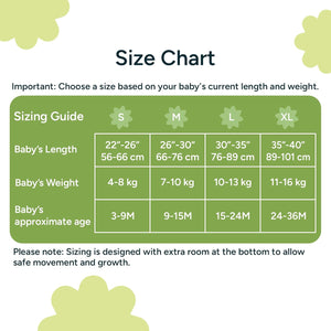 Size chart for children's clothing with green background and floral elements. Nintara  Baby Sleep Sack 0.5 TOG Forest Flutter XL Size Go Littles product Size Chart