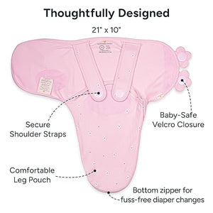 Pink baby carrier with labeled features on a white background. Nintara Wake Me Not Swaddle Pretty Petals for 0 to 3 Months go littles product image 2