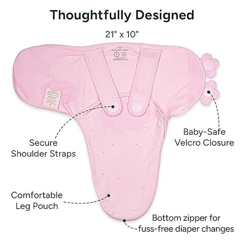 Pink baby carrier with labeled features on a white background. Nintara Wake Me Not Swaddle Pretty Petals for 0 to 3 Months go littles product image 2