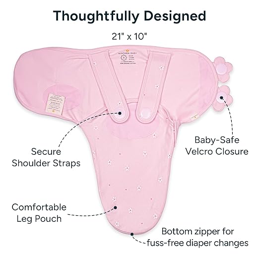 Pink baby carrier with labeled features on a white background. Nintara Wake Me Not Swaddle Pretty Petals for 0 to 3 Months go littles product image 2