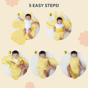 Step-by-step guide on how to use a yellow baby wrap with a baby, on a beige background. Nintara Wake Me Not Swaddle Pretty Petals for 0 to 3 Months go littles product image 6