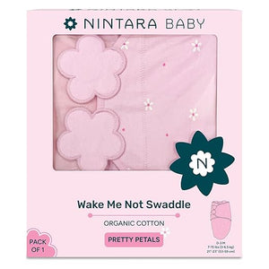 Nintara Baby swaddle blanket packaging with pink flowers and 'Wake Me Not Swaddle' text. Nintara Wake Me Not Swaddle Pretty Petals for 0 to 3 Months go littles product main image