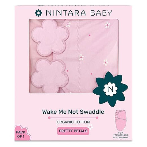 Nintara Baby swaddle blanket packaging with pink flowers and 'Wake Me Not Swaddle' text. Nintara Wake Me Not Swaddle Pretty Petals for 0 to 3 Months go littles product main image