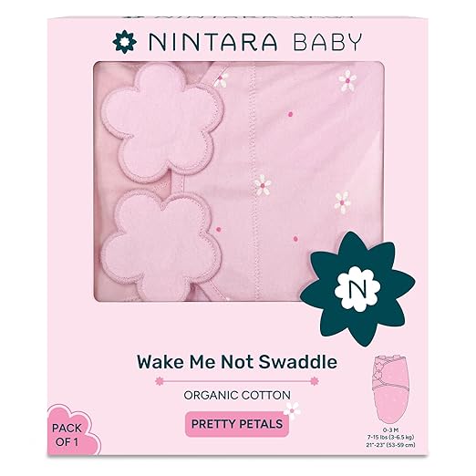 Nintara Baby swaddle blanket packaging with pink flowers and 'Wake Me Not Swaddle' text. Nintara Wake Me Not Swaddle Pretty Petals for 0 to 3 Months go littles product main image