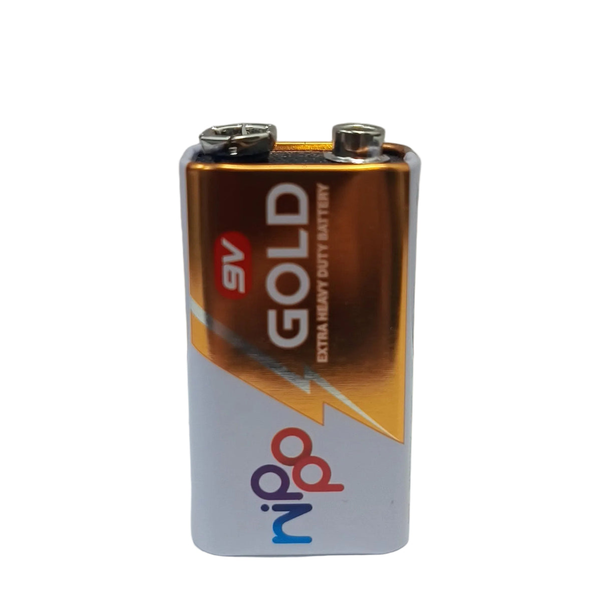A 9V gold battery with a metallic gold and silver body, featuring the 'npo' brand logo, standing upright on a plain light gray background.
