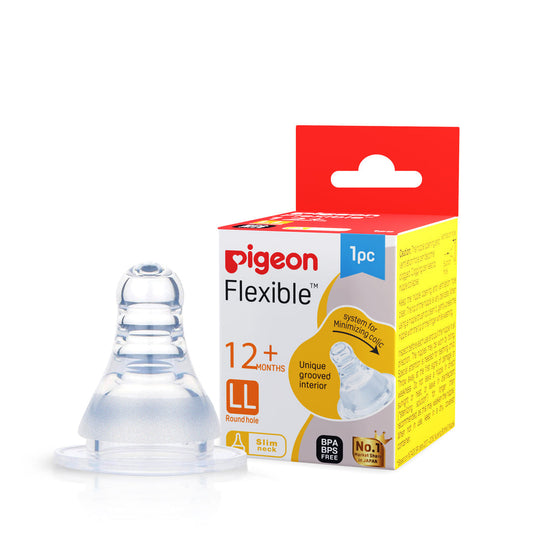Pigeon flexible baby bottle nipple with packaging on a white background. Peristaltic Nipple LL | Pigeon Bottle Nipple for 12 month+ go littles product main image 