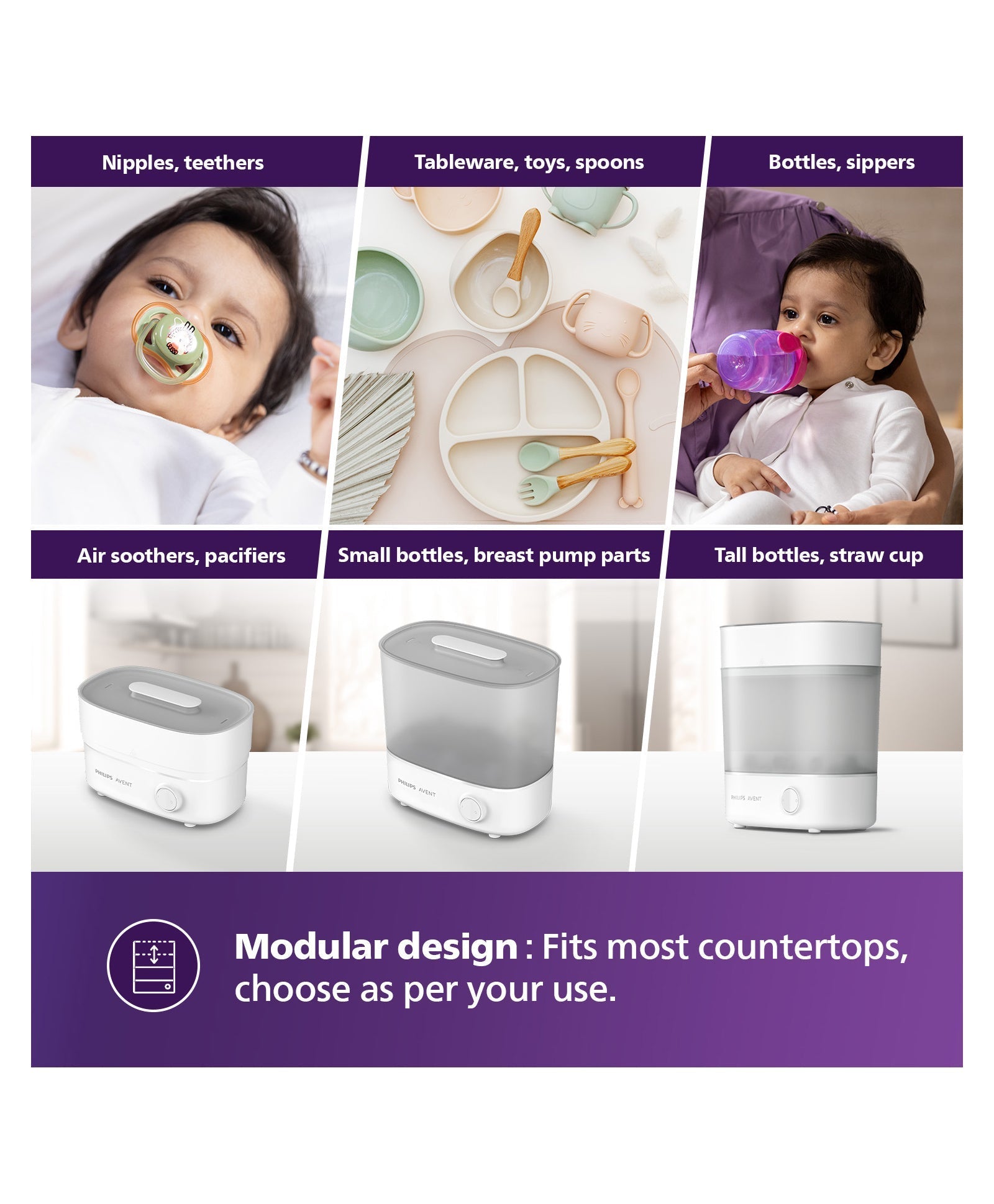 Product display with various baby items and modular design features on a white background.