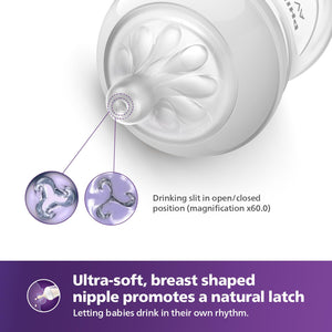 Close-up of a baby bottle nipple with text highlighting its features on a white background. Philips Avent Natural Response Baby Feeding Bottle 260ml_golittles_product_image 2