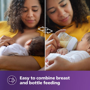 Woman breastfeeding a baby on the left, switching to bottle feeding on the right with text 'Easy to combine breast and bottle feeding'. Philips Avent Natural Response Baby Feeding Bottle 260ml_golittles_product_image 3