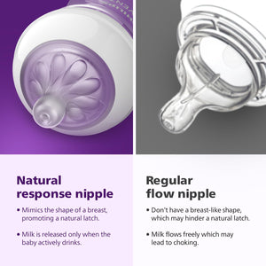 Comparison of natural response and regular flow nipples with text explaining their functions. Philips Avent Natural Response Baby Feeding Bottle 260ml_golittles_product_image 5