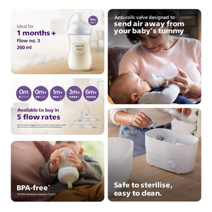 Philips Avent baby bottle packaging with text highlighting features and usage scenarios. Philips Avent Natural Response Baby Feeding Bottle 260ml_golittles_product_image 6