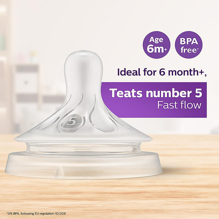 Clear baby bottle nipple with text indicating suitability for 6 months and above, BPA-free, and teat number 5 fast flow. Philips Avent Natural Response Teat for Babies Aged 6 months and above Flow 5 Pack of 2 BPA Free SCY965/02 go littles product image 2