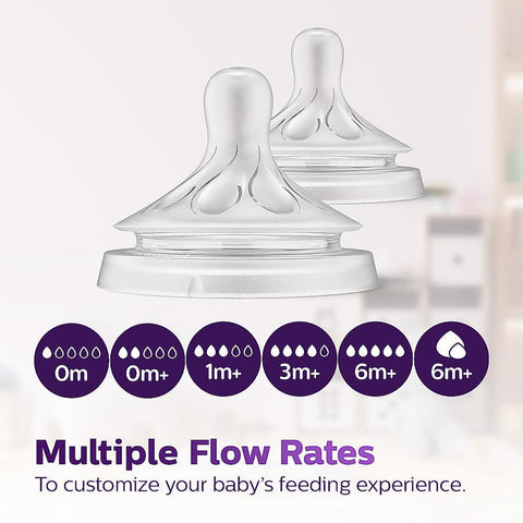 Two baby bottle nipples with flow rate indicators on a white background. Philips Avent Natural Response Teat for Babies Aged 6 months and above Flow 5 Pack of 2 BPA Free SCY965/02 go littles product image 3