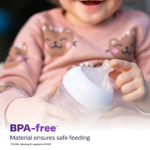 Child holding a BPA-free bottle with text emphasizing safety. Philips_Avent_Natural_Response_Teat_for_Babies_Aged_6_months_and_above_Flow_5_Pack_of_2_BPA_Free_SCY965_02_go_littles_product_image_4