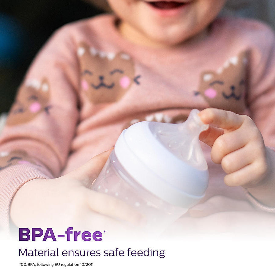 Child holding a BPA-free bottle with text emphasizing safety. Philips_Avent_Natural_Response_Teat_for_Babies_Aged_6_months_and_above_Flow_5_Pack_of_2_BPA_Free_SCY965_02_go_littles_product_image_4