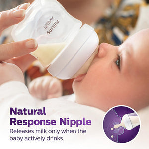 Baby drinking from a Philips Avent bottle with text about the natural response nipple feature. Philips_Avent_Natural_Response_Teat_for_Babies_Aged_6_months_and_above_Flow_5_Pack_of_2_BPA_Free_SCY965_02_go_littles_product_image_6