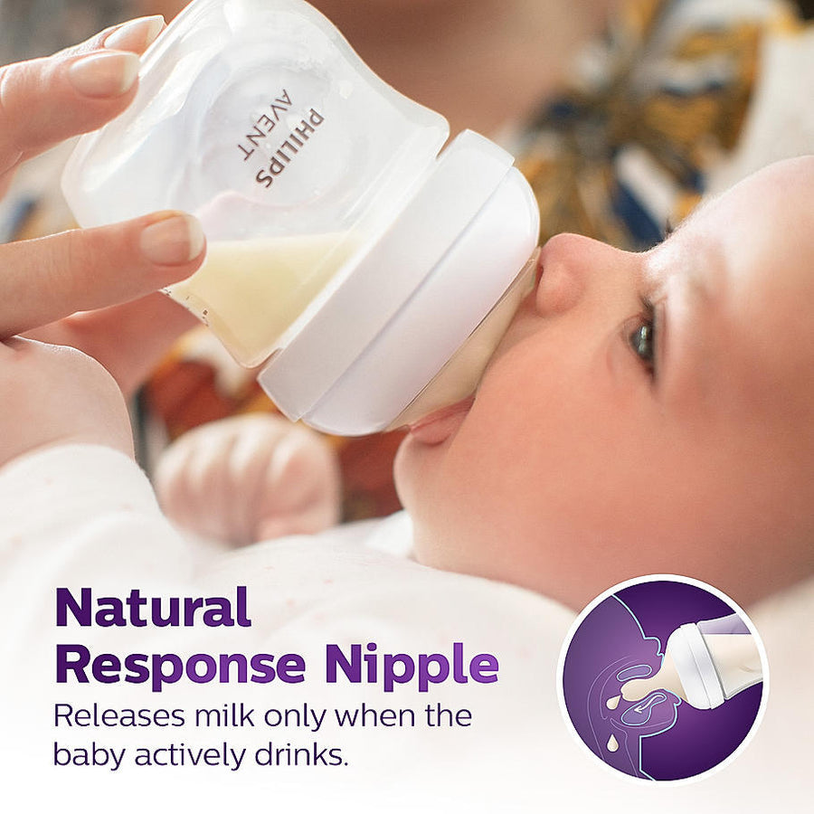 Baby drinking from a Philips Avent bottle with text about the natural response nipple feature. Philips_Avent_Natural_Response_Teat_for_Babies_Aged_6_months_and_above_Flow_5_Pack_of_2_BPA_Free_SCY965_02_go_littles_product_image_6
