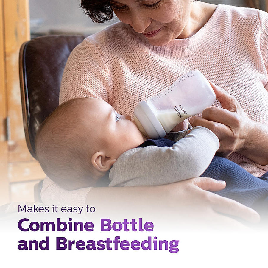 Woman holding a baby and a bottle with text about combining bottle and breastfeeding. Philips_Avent_Natural_Response_Teat_for_Babies_Aged_6_months_and_above_Flow_5_Pack_of_2_BPA_Free_SCY965_02_go_littles_product_image_9