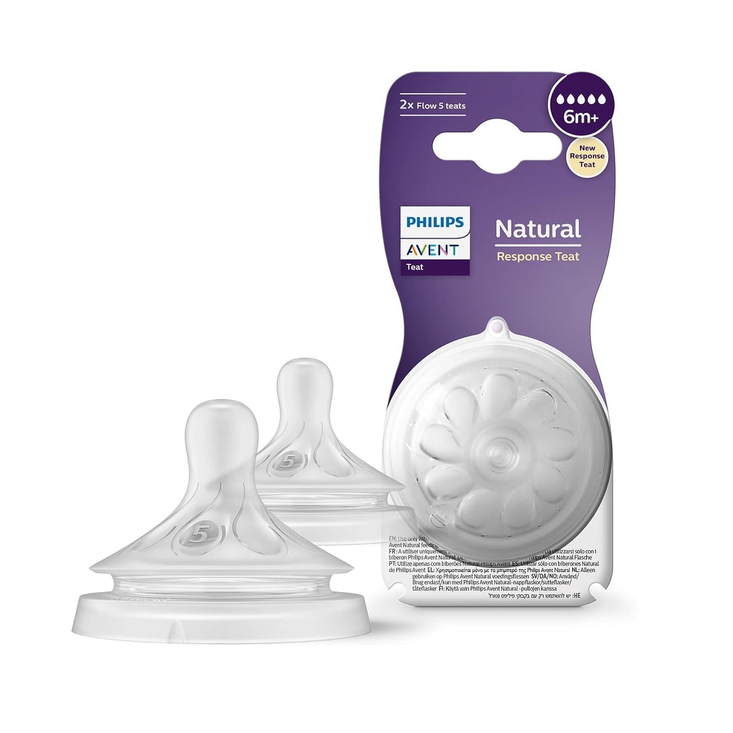 Philips Avent natural teat packaging with two teats on a white background. Philips Avent Natural Response Teat for Babies Aged 6 months and above Flow 5 Pack of 2 BPA Free SCY965/02 go littles product main image