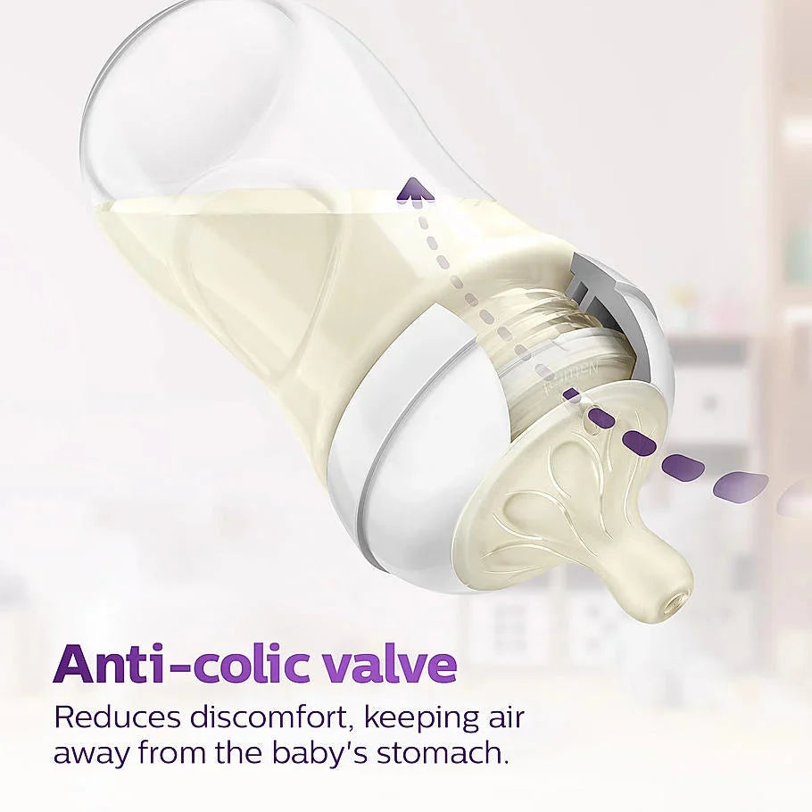 Baby bottle with anti-colic valve feature on a light background. Philips Avent Teat Natural Response Teat SCY961/02  0m+ go littles product image 5
