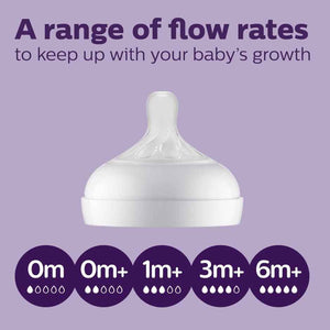 Baby bottle nipple with flow rate indicators on a purple background.Philips Avent Teat Natural Response Teat SCY961/02  0m+ go littles product image 7
