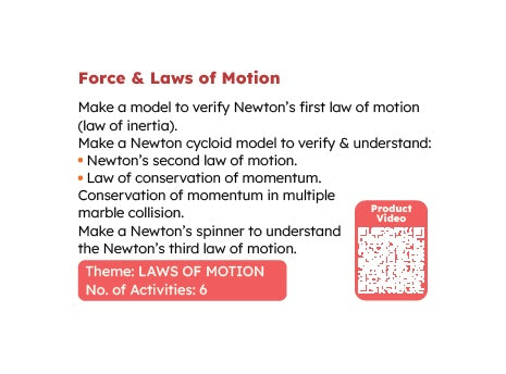 Educational content about Newton's laws of motion with text and a QR code on a white background.