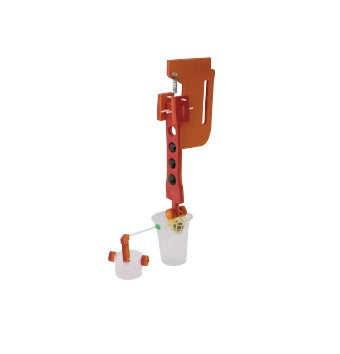 Red and white mechanical device on a white background