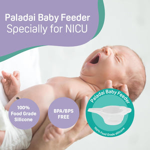 Baby being held with Paladai Baby Feeder specially for NICU highlighted, featuring 100% food grade silicone and BPA-free properties. Pigeon Baby Feeder (Paladai) go littles product image 3