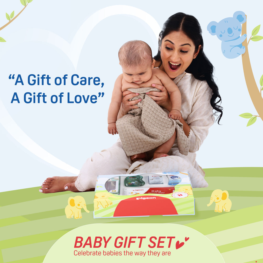 Woman holding a baby with a baby gift set in front, surrounded by toys and a heart symbol. Pigeon Baby Gift Set (5 Products) go littles product image 2