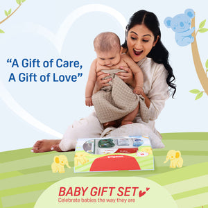 Woman holding a baby with a baby gift set in front, surrounded by toys and a heart symbol. Pigeon Baby Gift Set (5 Products) go littles product image 2