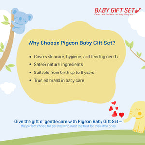 Advertisement for Pigeon Baby Gift Set with cartoon animals and text on a light blue background. Pigeon Baby Gift Set (5 Products) go littles product image 3