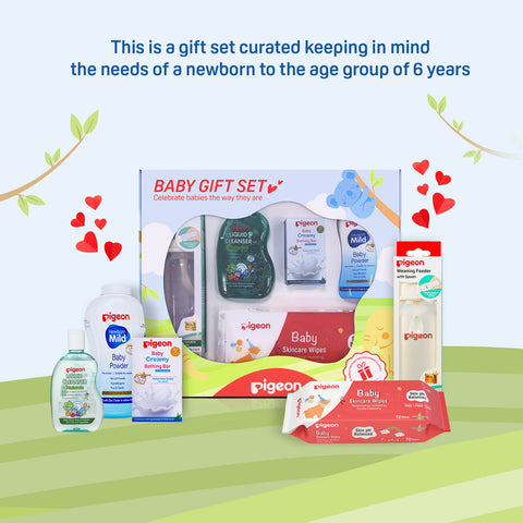 Pigeon baby product gift set with packaging and products on a green background. Pigeon Baby Gift Set (5 Products) go littles product image 