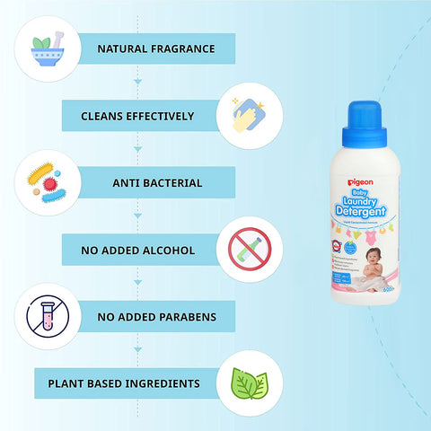 Pigeon laundry detergent bottle with features listed on a blue background. Pigeon Baby Laundry Detergent Liquid 600ml go littles main image 4