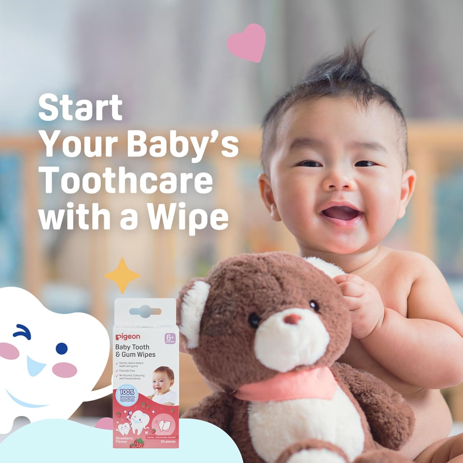 Baby holding a teddy bear with Pigeon baby tooth and gum wipes packaging, text 'Start Your Baby's Toothcare with a Wipe'. Pigeon Baby Tooth Gum Wipes Strawberry Flavor go littles product image 2