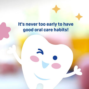Cartoon tooth character with colorful background and text about oral care habits. Pigeon Baby Tooth Gum Wipes Strawberry Flavor go littles product image 4