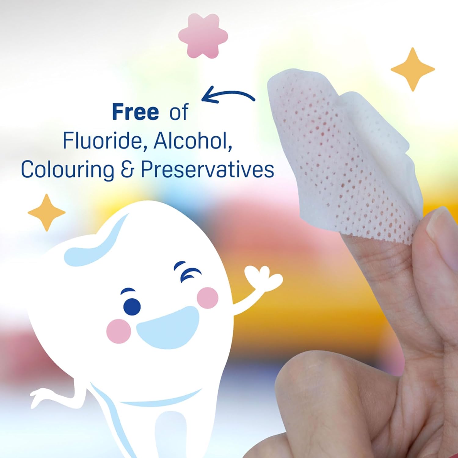 Product being held with text about being free of fluoride, alcohol, coloring, and preservatives, featuring a cartoon character. Pigeon Baby Tooth Gum Wipes Strawberry Flavor go littles product image 5