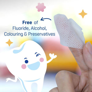Product being held with text about being free of fluoride, alcohol, coloring, and preservatives, featuring a cartoon character. Pigeon Baby Tooth Gum Wipes Strawberry Flavor go littles product image 5