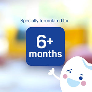 Product label for babies over 6 months with a cartoon character on a colorful background. Pigeon Baby Tooth Gum Wipes Strawberry Flavor go littles product image 6
