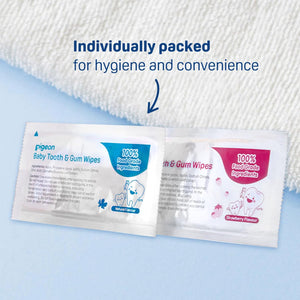 Pigeon baby tooth and gum wipes packaging on a light blue background. Pigeon Baby Tooth Gum Wipes Strawberry Flavor go littles product image 8