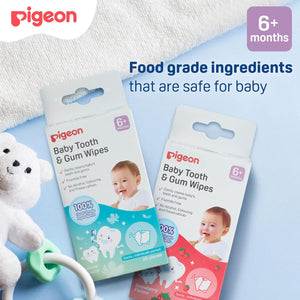 Pigeon baby tooth and gum wipes packaging with a teddy bear and teether on a light blue background. Pigeon Baby Tooth Gum Wipes Strawberry Flavor go littles product image 9